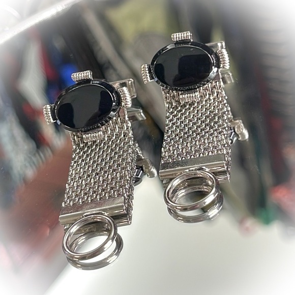 💕Beautiful Vintage Silvertone Mesh Cufflinks Black Onyx💕 - Picture 3 of 6
